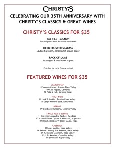 Christys 35year menu with wine